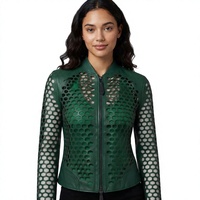 Blouson aviateur en cuir véritable vert pour femme avec design ajouré, col montant, manches longues, fermeture éclair, style automne