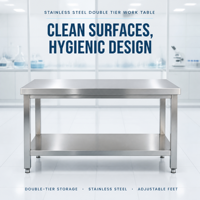 Table de préparation robuste à deux niveaux en acier inoxydable - Capacité de charge de 800 kg/m - Extensibilité modulaire - Bords renforcés - Pieds carrés
