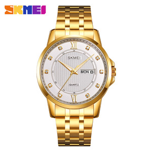 Skmei Gold Couple Quartz Watches Analog Calendar Diamond Dial Stainless Steel Band Waterproof 30M Men Women Watch - Product Image 5