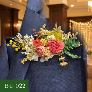 Boutonnière de fleurs séchées, mélange de corail jaune vert naturel, pour mariage BU-022 - Product Image 3