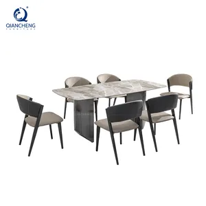 Artificial white marble laminate ss furniture 6 seater long dyning room furniture set modern dining table