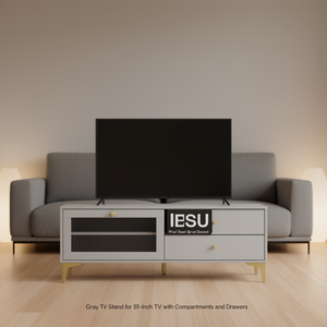 Meuble TV gris pour téléviseur 55 pouces avec compartiments et tiroirs - Product Image 2