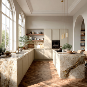 Gabinetes <span class=keywords><strong>de</strong></span> <span class=keywords><strong>Cocina</strong></span> VSME con Puertas Shaker en Blanco Marfil y Encimera <span class=keywords><strong>de</strong></span> Mármol, Juego <span class=keywords><strong>de</strong></span> Gabinetes Modulares <span class=keywords><strong>de</strong></span> Lujo - Product Image 1