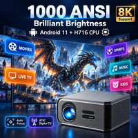Projecteur portable 8K avec Wi-Fi Bluetooth, meilleure qualité, mise au point automatique, correction automatique de la distorsion trapézoïdale, projecteur natif 1080p pour la maison, la chambre et le cinéma