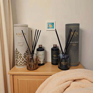 Aikun Low MOQ Quick Turnaround Custom White Tea 25ml Amber Cylinder Gift Box Glass <b>Bottle</b> <b>Reed</b> <b>Diffuser</b> Set for Bedroom Gift Sho - Product Image 1