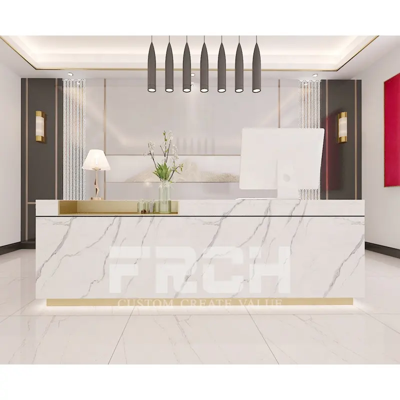 Pasokan Cina Modern Sederhana Kilau Tinggi Meja Salon Kuku Spa Marmer Putih Furnitur Kantor Meja Resepsi