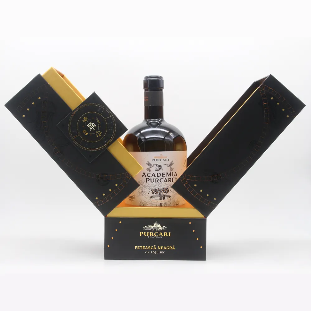 Cadeau en papier carton noir de luxe Emballage de bouteille en verre de vin rouge champagne Boîte cadeau de vin de qualité supérieure