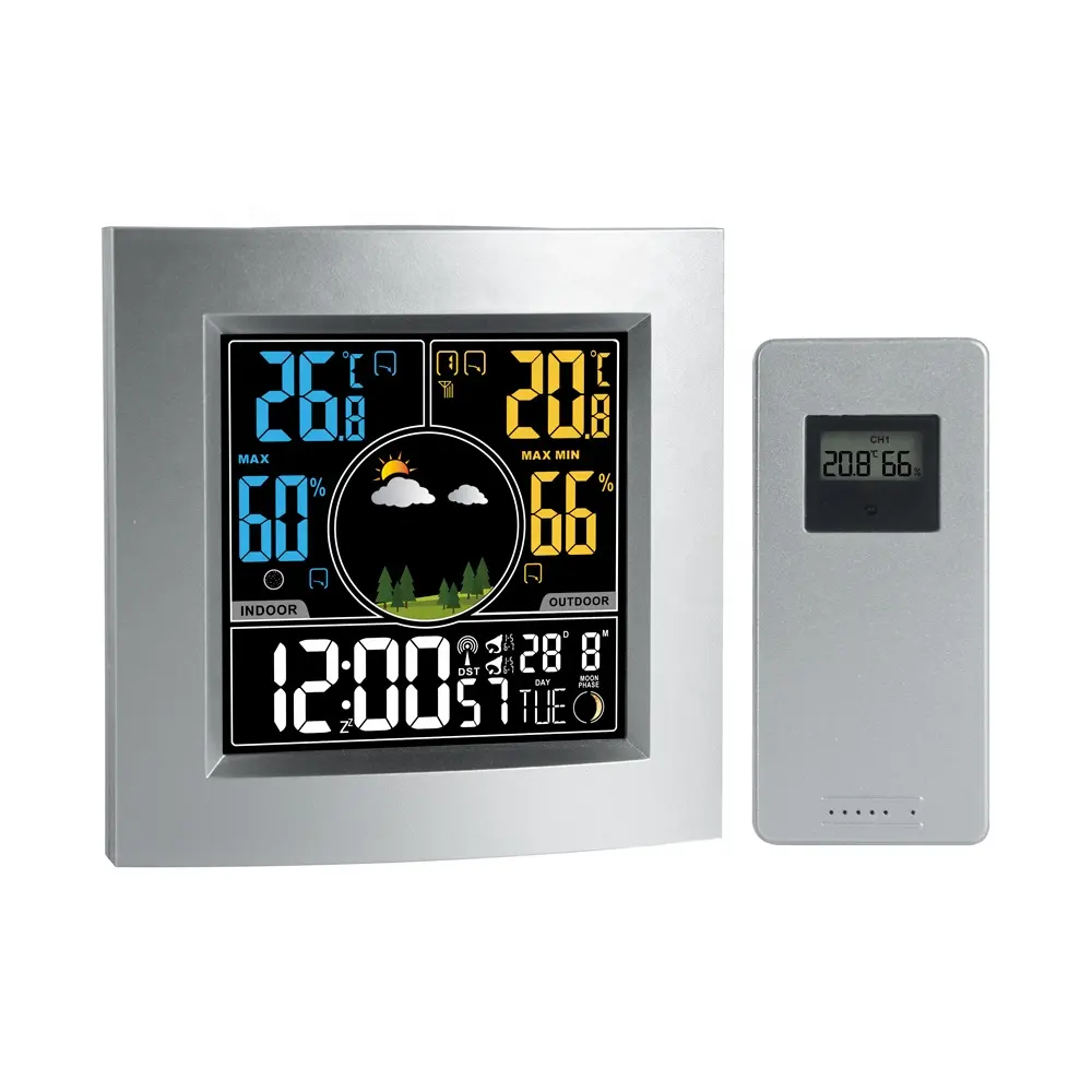 VA Display Colorful Digital Weather Station Table Clock with Outdoor Temperature and Humidity