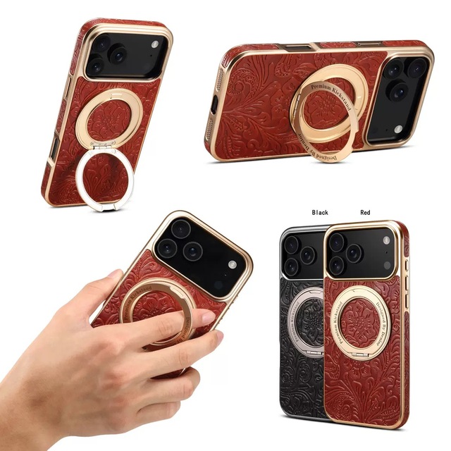 Business Impression Retro Rose Pattern Genuine Leather Phone Case for iPhone 17 16 15 Shockproof  Phone Case