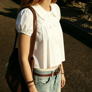 Peter Pan Collar A Line Short Sleeve Short Blouse Loose Fit Versatile Solid Color T Shirt Top for Women - Product Image 1