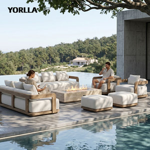 Canapé <span class=keywords><strong>de</strong></span> patio en teck en U moderne pour complexe hôtelier, <span class=keywords><strong>salon</strong></span> <span class=keywords><strong>de</strong></span> <span class=keywords><strong>jardin</strong></span> à assise profonde avec table brasero, couleur personnalisée par le fabricant - Product Image 1