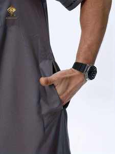 Al Haramain <b>Men</b> <b>Thobe</b> Short Sleeve Cotton Robe Solid Color Round Neck Floor Length Breathable Prayer Wear Middle Eastern Style - Product Image 4