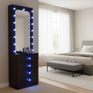 Gabinete con Espejo, 8 Luces LED Azules, 6 Cajones, Montado en la Pared, Almacenamiento de Joyas, Madera Marrón Oscura, Diseño Rectangular Moderno - Product Image 2