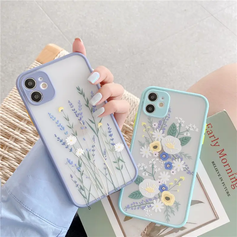 Luxury Girls Relief Flower Transparent Matte PC Back Cover Silicone Mobile Phone Case For iphone 12 11 Pro Max X XR XS 7 8 Plus