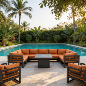 Conjunto de Muebles de Exterior con Recubrimiento en Polvo, en Forma de U, de Aluminio Impermeable y Teca, Sofá Modular Seccional para Jardín - Product Image 1
