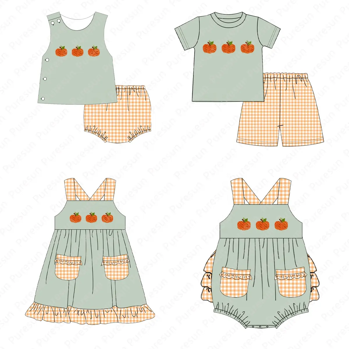 Puresun Pumpkin Theme New Design Kids Matching Clothing Sets Toddler Halloween French Knot Outfit Custom Sibling Clothes Set
