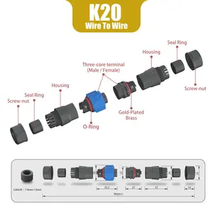 K20 إلى السلك 2 3 دبوس موصل قفل ذاتي للإضاءة الخارجية