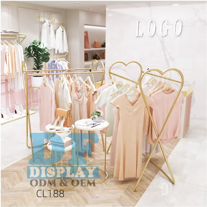 Boutique Furniture Retail gold clothing display garment display rack luxury shelves for summer women clothing/dress/T-shirt