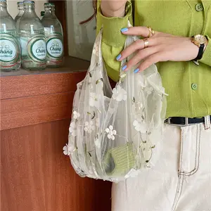 Custom Embroidery Flowers High Quality Mesh Shopping Bag Female Organza Beach Net Handbag fairy summer lovely little fresh bag