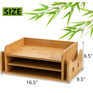 Bamboo <b>Desktop</b> File Organizer 2 Tier Natural Wood Color Multipurpose Office Desk Sorting Tray <b>Shelf</b> Rectangle Standing Type - Product Image 5