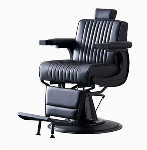 Sillón de Barbería de Estilo Antiguo en Cuero Negro y Dorado con Botones, Base Redonda con Bomba Hidráulica, Silla de Peluquería en Venta - Product Image 3