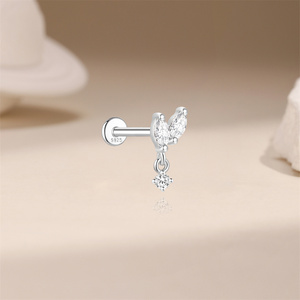 Pendiente de plata 925 con moissanita marquesa y flecos delicados, tipo piercing de cartílago con parte trasera plana - Product Image 2