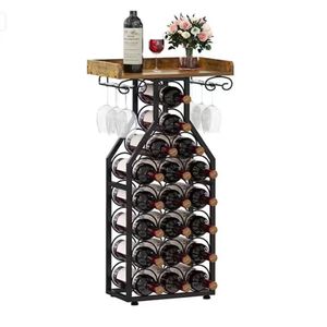 Estante para vinos de metal, de pie, con capacidad para 24 botellas, con soporte para copas, diseño moderno minimalista para almacenamiento en la sala de estar. - Product Image 1