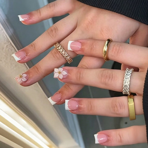 24 <span class=keywords><strong>Uñas</strong></span> Postizas Cuadradas Medianas Color Rosa Nude con Diseño Francés y Flores 3D <span class=keywords><strong>para</strong></span> Mujer, Uso Diario y Fiestas - Product Image 1