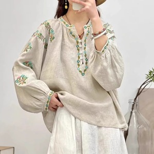 Pink Embroidered Cotton Linen <b>Top</b> Women V-neck Long Sleeve Boho Style Casual Loose Fit Mori Girl Fashion Shirt - Product Image 3