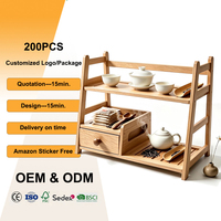 Organisateur de café en bambou pour station matcha, étagère de rangement à deux niveaux pour comptoir de cuisine avec tiroir pour accessoires de bar à thé