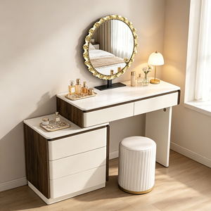 Coiffeuse moderne blanche avec miroir rond, meuble de rangement et tabouret pour chambre à coucher - Product Image 2