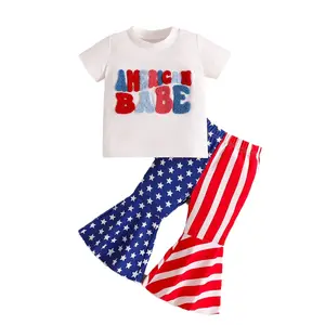 2024 유아 소녀 7 월 4 일 의상 반소매 티셔츠 미국 국기 7 월 4 일 어린이 벨 바닥 옷 세트