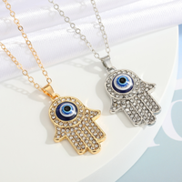 Pendentif Hasma Fatima mains plaqué or et argent Collier en cristal pour femme, bleu turc, mauvais œil
