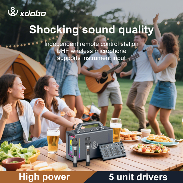 Xdobo Party Play BT Speaker 200W Home Theatre Outdoor Portable Karaoke Party Mixer with Dual Wireless Microphone and RGB Light