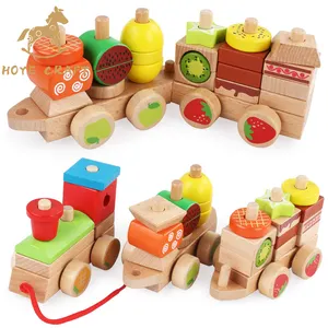 HOYE CRAFT Kids Wooden Train Pull Toys Fruit Building Blocks Educational Toy For Toddlers