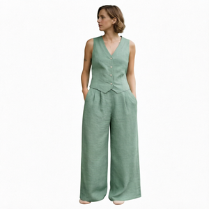 Conjunto de Chaleco y Pantalones Anchos de Lino y Algodón para Mujer, Cuello en V, Sin Mangas, Dos Piezas, Estilo Casual de Verano - Product Image 1