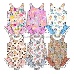 Hot Selling Summer Swimsuit for Kids One Piece Cartoon Print Custom Baby Girls Ruffle Swimwear