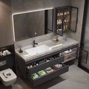 Armoire de salle de bain moderne simple et intelligente combinaison de bois massif salle de bain en céramique un bassin ensemble de table de lavage et lavage - Product Image 3