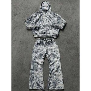 Ensemble de survêtement streetwear deux pièces oversize à épaules tombantes, en coton tricoté avec imprimé camouflage par transfert thermique, pour fabricant de vestes d'hiver - Product Image 1