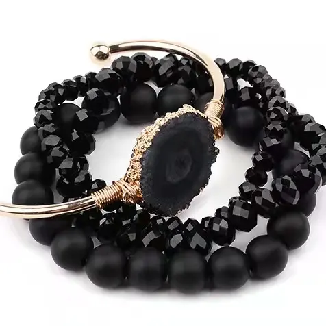Black bracelet Bead natural stone set black druzy cuff bangle gold plated brass bracelet sets beads for women