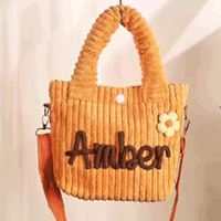 Tas Selempang Silinder Ringan Bahan Corduroy Anak-Anak, Desain Bunga Bordir, Buatan Tangan, Minimalis, Nama Custom, Tebal