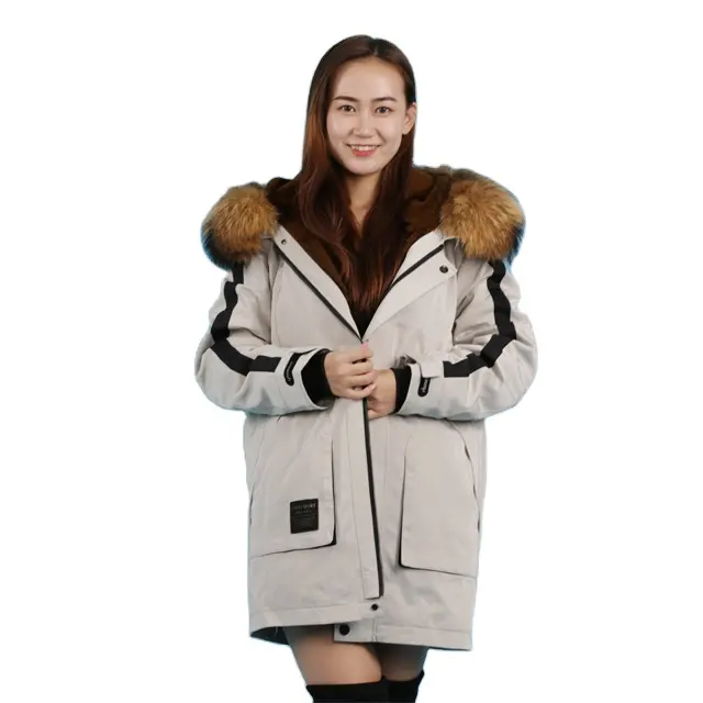 Áo Khoác Parka Lót Lông Chồn Màu Nâu Tự Nhiên