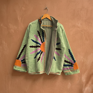 Wholesale Vintage Style Light Green <b>Velvet</b> <b>Jacket</b> Women Hand Embroidered Sun Short Coat Boho Winter Outerwear With Geometric - Product Image 6