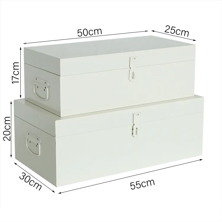 White set of 2 metal storage trunks which can be locked