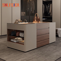 Îlot de Dressing de Style Français avec Éclairage LED, Coiffeuse en Acier Inoxydable avec Tiroirs à Bijoux, Vestiaire de Luxe