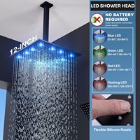 Système de douche thermostatique Homedec à 3 jets, avec douchettes LED de 12 po, douchette pleine longueur de 6 po, bec de baignoire, 3 poignées, en laiton noir mat et acier inoxydable