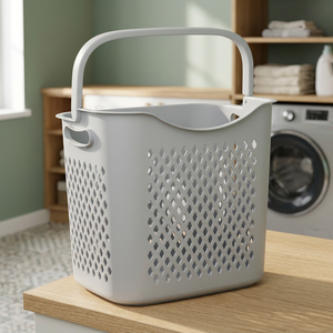 Panier à linge moderne en plastique gris non pliable avec poignées, panier à linge creux portable pour le rangement dans la salle de bain - Product Image 5