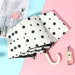 Parapluies pliants de luxe à motif rétro à pois pour femmes, petit parapluie de voyage à poignée incurvée - Product Image 1