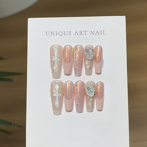 <span class=keywords><strong>Uñas</strong></span> postizas acrílicas Y2K hechas a mano con diamantes de imitación, efecto espejo cromado rosa, purpurina, estilo Sugar French Cross, largas, forma ataúd, al por mayor - Product Image 3