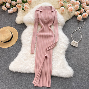 Vestido de Punto Coreano para Mujer, Manga Larga, Cuello en V, Elástico, Ajustado, Tipo Lápiz, Otoño 2021, Sexy, Vestido de Suéter con Abertura - Product Image 6